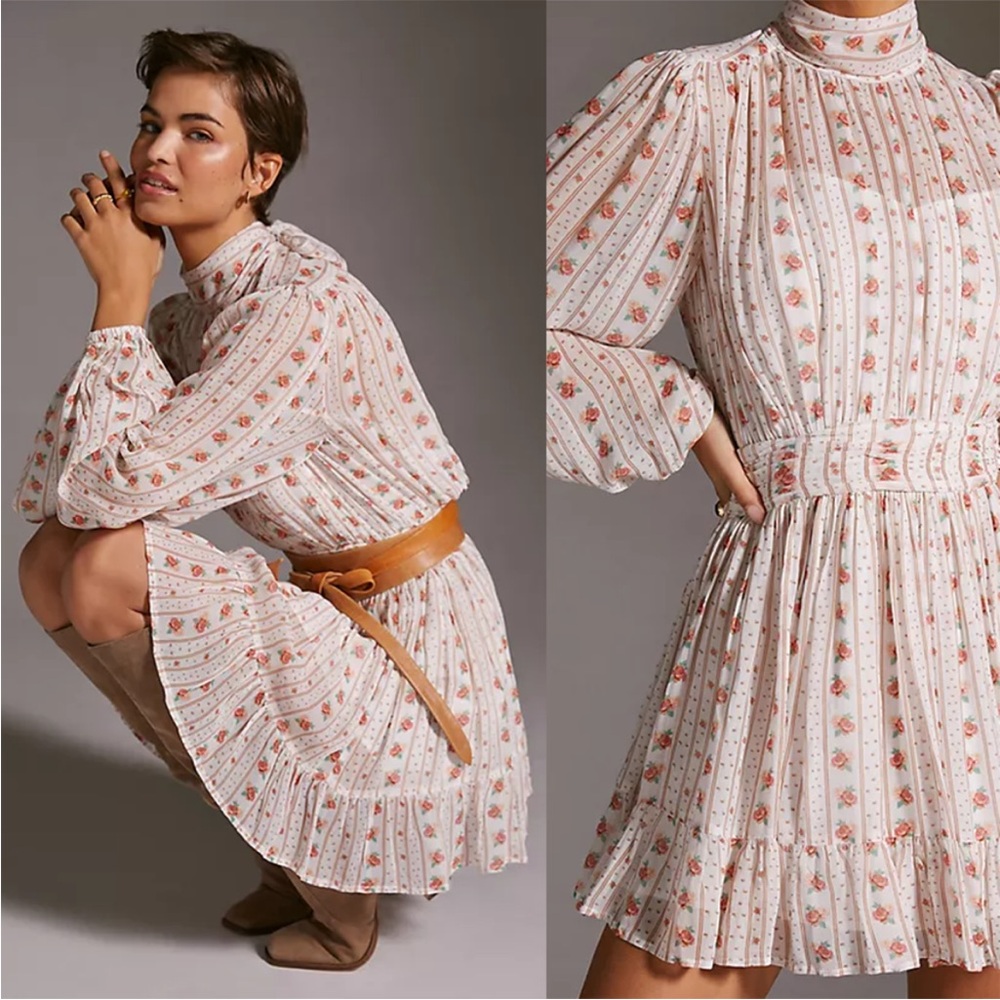 Anthropologie Let Me Be Mock Neck Georgette Floral Mini Dress Sz SP - Picture 1 of 16